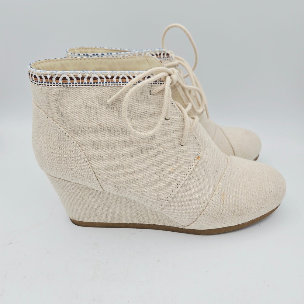 Under8ed Sandy2 Beige Linen Lace Up Wedge Ankle Boots Women's Size 9 M